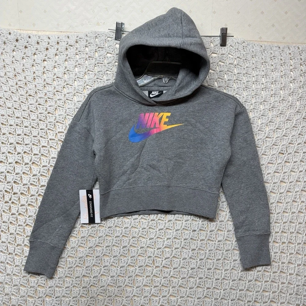 Nike Crop Top Hoodie Sweatshirt Girls‎ Size S Gray Pullover Colorful Logo NWT